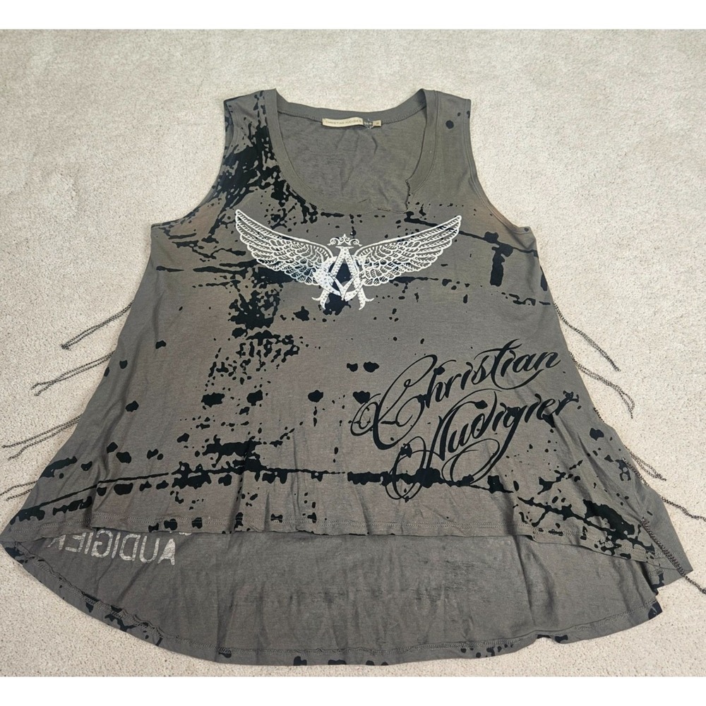 Christian Audigier Tank Top Womens M Gray Wing Logo High-Low Hem Vintage Y2K
